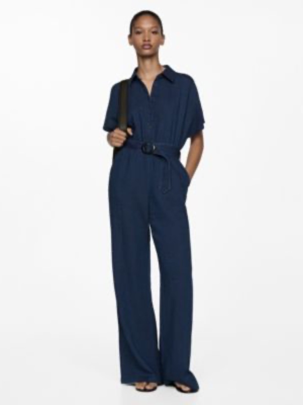 NWT MANGO Dark Blue Belted Long Jumpsuit – Textured Cotton- Size large